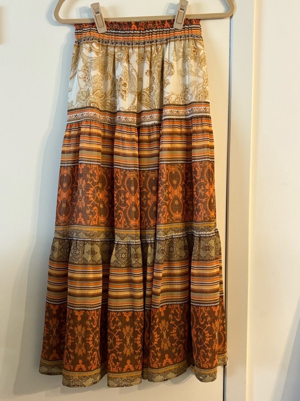 Moon River Tiered Maxi Skirt in Brown and Cream with Orange Accents